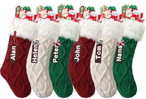 SOMYTING 6 Stück Weihnachtsstrumpf Gestrickte Wolle Weihnachtsstrumpfe mit Namensschildern Weihnachtssocken Deko Christmas Stockings für Weihnachtsfeier Weihnachtsdekorationen und Kindergeschenke