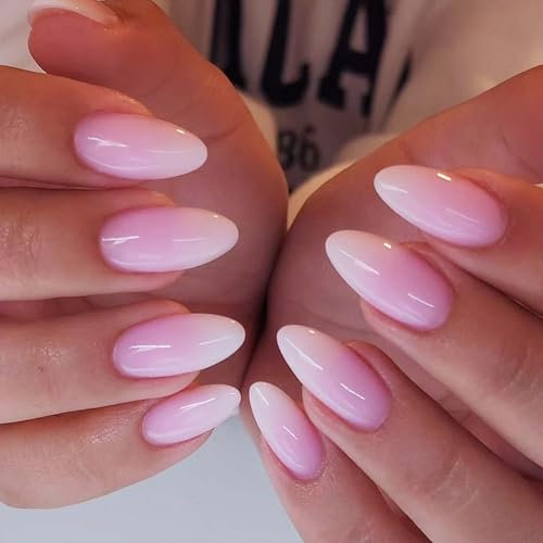 24PCS False Nails with Glue - Pink Gradient Press on Nails - White on Tip Almond French Tip False Nails - Medium Length Glossy Full Cover Acrylic Nails Long Lasting DIY Manicure