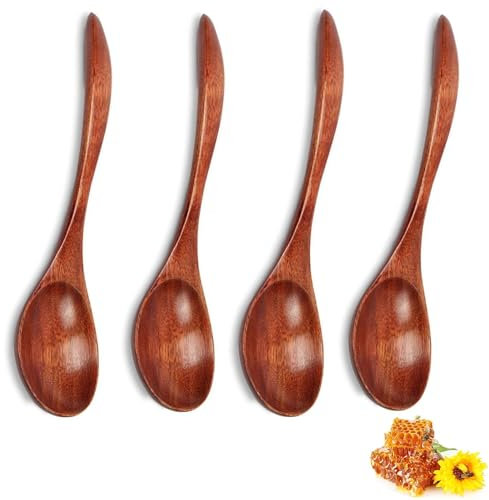 4 Pcs Wooden Honey Spoon, 14cm Wooden Teaspoons, Exquisite Honey Soup Coffee Small Wooden Spoons, Stylish Kitchen Accessories for Tea Coffee Honey Sugar Condiment Soup Rice Mixing Stirring
