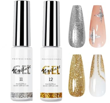 Nail Art Liner Gel Polish Glitter Gel Liner Nail Art 2Pcs Glitter Silver and Gold Painted Soak Off UV/LED Polish Thin Brush for Home Salon Diy Decoration