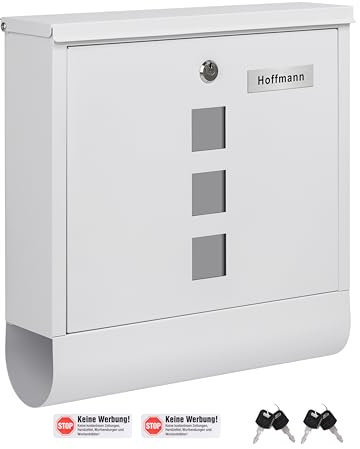 Zedelmaier Briefkasten XXL Personalisiert mit Edelstahl Namensschild Wandbriefkasten Postkasten C4 Briefkästen mit Zeitungsfach und Schloss Mailbox Groß:9,5 x 35 x 35 cm (Weiß 9,5 x 35 x 35 cm)