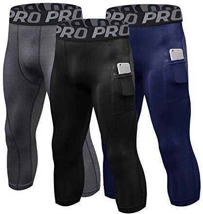 LANBAOSI Mallas de compresión 3/4 para hombre, para equitación, senderismo, entrenamiento, jogging, 3 unidades, negro, gris y azul marino, M
