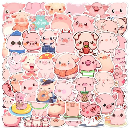 50 Stück rosa Schweine-Aufkleber, niedliche Tieraufkleber, wasserdichtes Vinyl Kawaii Cartoon Haustiere Aufkleber für Skateboard