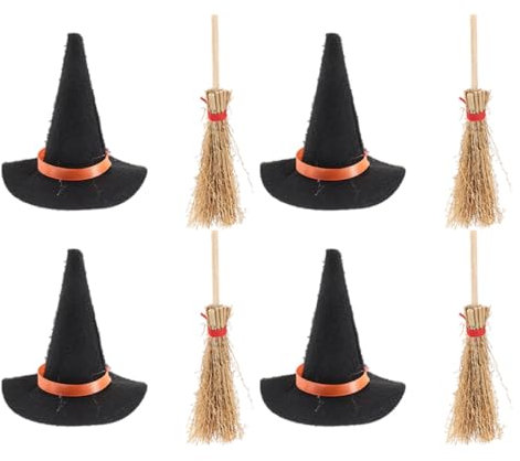 TINEASUR 8 Pezzi Cappello Da Strega Di Halloween Luci Fatate Scopa in Miniatura Toppers Per Bottiglie Di Vino Di Halloween Scopa Da Esterno Scopa Strega Giocattoli Rosa Tazza Di Legno Black