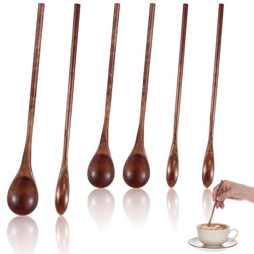 Ouligay 6 Pcs Long Wooden Spoon,Wooden Honey Spoon,7.8 Inch Wood Mixing Spoons for Coffee,Wooden Teaspoon with Long Handle Wood Spoons for Eating Stirring for Bar Kitchen Restaurant(2 Types)