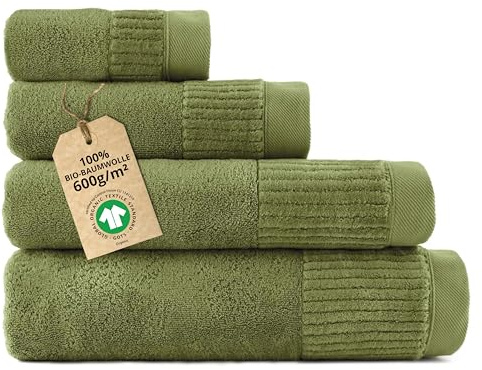 ZWOLTEX - Handtücher Set Grün, Ultra Weich & Saugfähig 600 g/m², 100% Bio Baumwolle GOTS Zertifizert, ÖKO-TEX, 4er Set (30x50, 50x100, 70x140, 100x150 cm) - Porto Collection