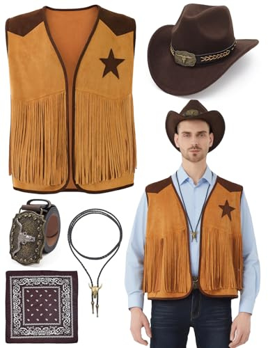 Ragelion Cowboy Kostüm Herren 5 Pcs Western Cowboy Outfits Weste Hut Krawatte Schnalle Gürtel Halskette für Halloween Karneval Cosplay