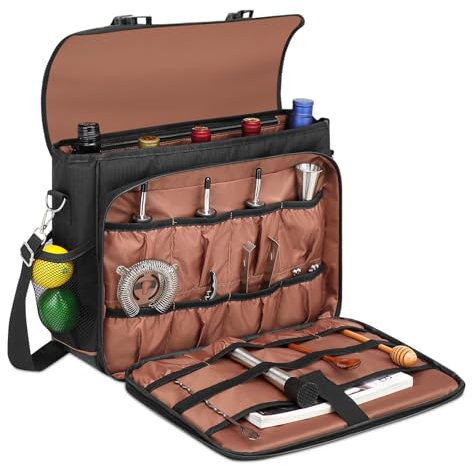 Bartender-Tasche für Cocktail-Shaker-Set, Messenger-Tasche mit gepolsterten Fächern für das Reise-Bartender-Kit, tragbare Werkzeugtasche perfekt für Cocktail-Rührstäbchen und Barshaker (Braun)