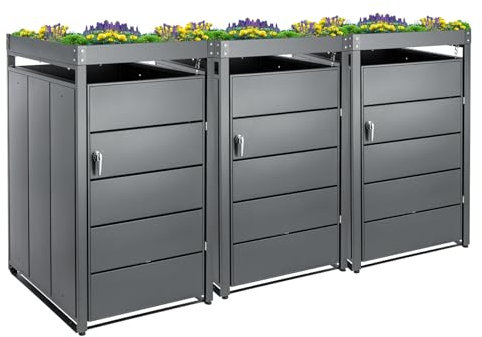 Youyijia Mülltonnenbox für 240L Tonnen – Mülltonnenverkleidung abschließbar & wetterfest – Müllbox Tonnenhaus Abfallbox Abfallbehälter für Garten & Einfahrt (Anthrazit mit Pflanzdach, 3 Tonnen)