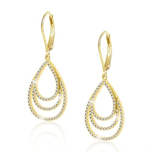 ALEXCRAFT Damen Ohrringe Gold Hängend Zirkonia Ohrhänger Glitzer Gold Ohrringe Mit Zirkonia Creolen Oval Gehämmert 3 Creolen Lang Glitzer Strass