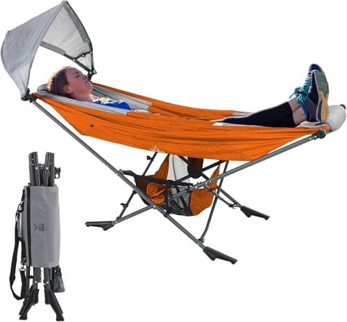 MOCK ONE Hammock with Stand with Adjustable Sunshade Canopy, Portable Free Standing Hammock with Steel Frame for Outdoor, Garden, Camping, Beach, Orange