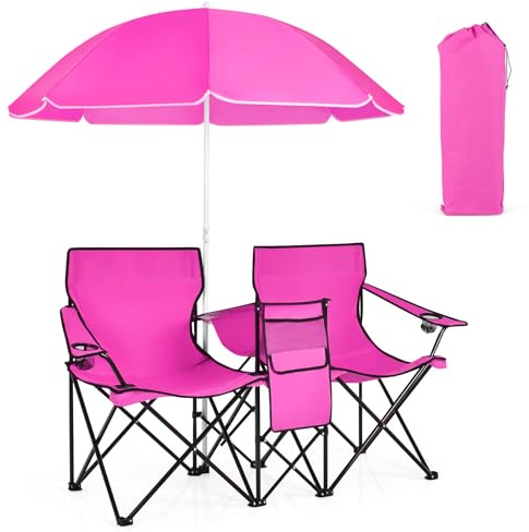 GOPLUS Chaise de Camping Pliante 2 Places avec Parasol, Fauteuil Camping Extérieur AVCE Poche, Porte-gobelets et Sac de Transport, Idéal pour Plage, Pêche, Barbecue, Pique-Nique (Rose)