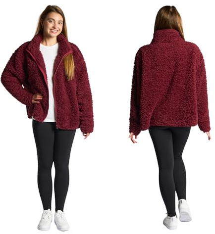 OHS Womens Teddy Fleece jacket Full Zip Up, Lightweight Warm Cosy Sweatshirt Casual Long Sleeve Winter Ultra Soft Full Zip Up Coat for Travelling Outdoor Hiking, Maroon - L/XL