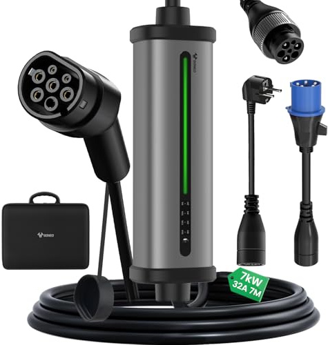 GONEO Mobile Wallbox 7kW Ladestation [7m|Einphasig|8-32A] mit CEE Stecker und Schuko Stecker Einstellbarer Ladeleistung Timer IP66 Schutz IK10 Tragbare EV Ladegerät für Model Y/3 und andere BEV/PHEV