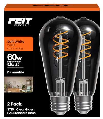 Feit Electric ST19 Vintage LED Light Bulb, 60W Equivalent, Soft White 2700K, Dimmable, Spiral Filament, Decorative Glass, E26 Base, Ideal for Home or Commercial Use, ST1960S2D/927CAFIL/2, 2 Pack
