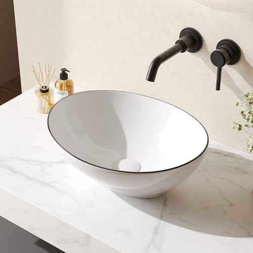 Countertop Bathroom Sink, DeerValley Ceramic Cloakroom Wash Basin, Oval Vanity Vessel Sink Bowl White Art Deco Basin - 40 x 33 x 14.5cm