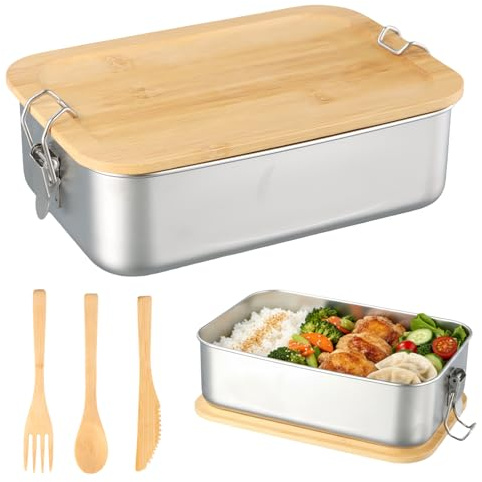 Ziyonix 1400 ml Fiambrera de Acero Inoxidable, Lunch Box Sin BPA con Huego de Cubiertos y Tapa de Bambú Fiambrera Bento Box para Oficina Escuela Viajes