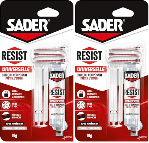 Sader Resist Universelle – Colle Bi-Composants type Epoxy – Colle de Réparation Tous Supports – Intérieur/Extérieur – Couleur : Translucide – 1 Seringue de 10 g (+ 3 embouts mélangeurs) (Lot de 2)