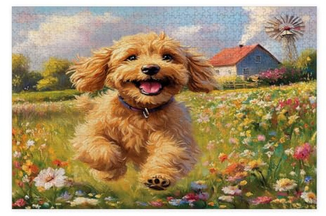 Spring Golden Doodle Dog Jigsaw Puzzles for Adults 10000 Pieces Country Garden Puppy Wooden Puzzles Fun Flower Pet Pattern Decorations for Home Entertainment