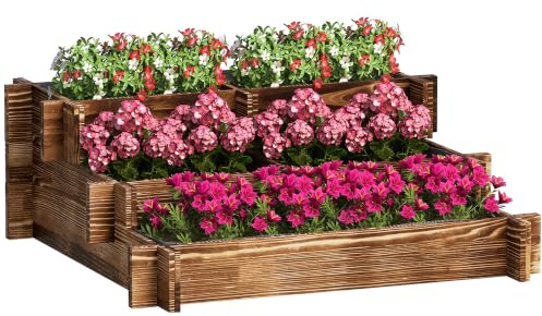 Outsunny Jardinera de Madera 3 Nivel Huerto Urbano 93x93x35 cm Carbonizado | Arriate de Jardín, Diseño de Escalera, Tela no Tejida, Cultivos Plantas Flores, Terraza Jardín