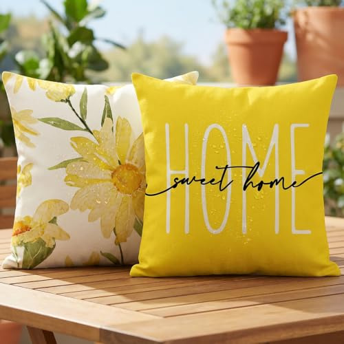 Vorysum Outdoor Kissenbezug 40x40 cm 2er Set Gelb Blumen Wasserfest Dekokissen Modern Dekorative Blumen Kissenhülle Sommer Sofakissen für Garten Sofa Balkon, Camping