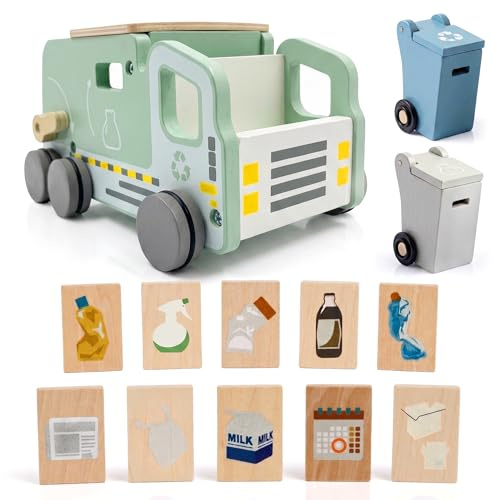 LumioToys Montessori Müllauto Holz ab 3 Jahren – Müllwagen Lernspielzeug – Müllabfuhr Set mit Mülltonnen & Karten zur Mülltrennung – Motorikspielzeug & Geschenk für Junge & Mädchen 3 4 5 Jahre