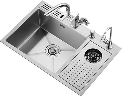 TAXXII Évier de Cuisine en Acier Inoxydable avec bonde d'évacuation, Tuyau d'égout, entrée pour Lave-Vaisselle et Robinet Robot (70 x 46 cm)