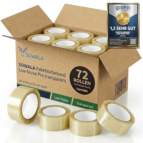 sowala Paketband transparent 50mm x 66m - leises Klebeband, 72 Rollen | Nach INGEDE-Methode 12 zertifiziert - reißfest mit zuverlässiger Klebkraft auf Karton