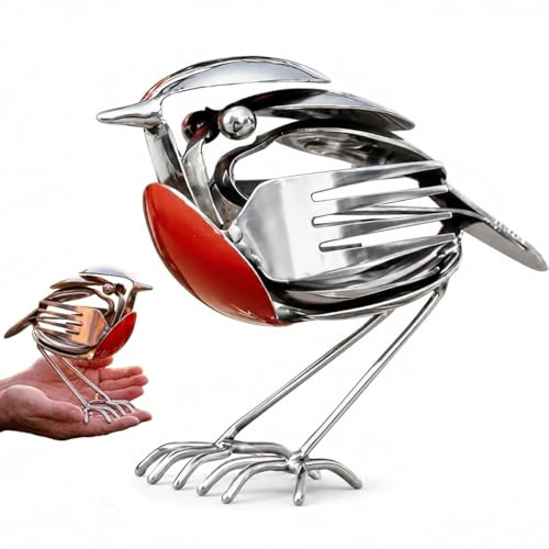 Natwo Robin Bird Scrap Metal Art Sculpture,Metal Robin Garden Ornament,Scrap Metal Bird Decor,Spoon Robin Figurine & Handmade Fork,Vintage Rustic Red Chest Statue,Weatherproof Outdoor Garden Ornament