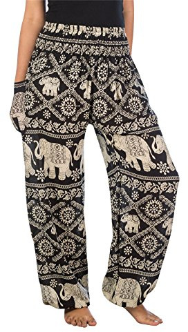Lofbaz Harem Pants for Women Yoga Boho Hippie Clothing Palazzo Bohemian Beach Trousers Maternity Pajama Indian Gypsy Travel Clothes - Elephant 1 Black S