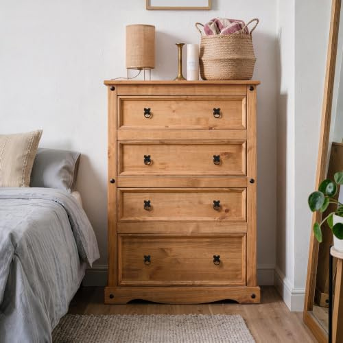Mercers Furniture Corona 4 Drawer LARGE Wide Chest Of Drawers Solid Wood Pine Wooden Wax Bedroom Tall Mexican Style 130cm High. 92cm Wide. 48cm Deep.