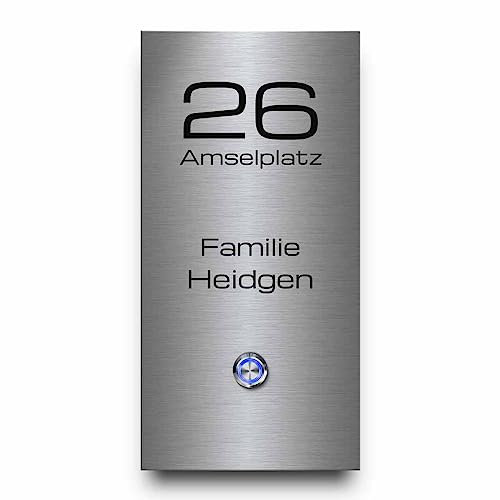 Edelstahl Türklingeln mit individueller Gravur - Modell Heidgen 13x26 cm und einem Premium LED Klingelknopf Taster | Klingelschilder optional mit schönen Acrylplatten | Gravierte Klingelplatte