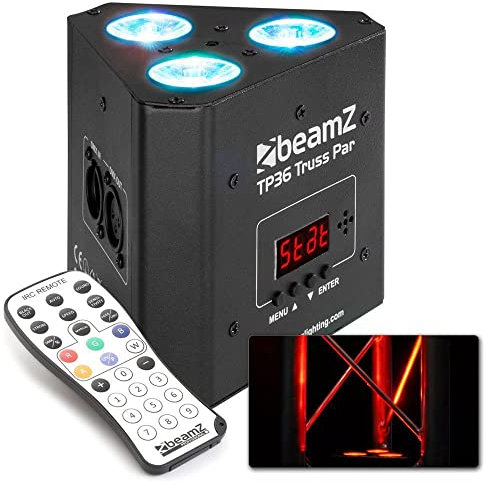 Beamz TP36 PROJECTEUR UPLIGHT PAR– 3x LED RGB-UV, 4W par LED, modes DMX ou Stand-alone, fonction Master/Slave, télécommande incluse, parfait pour éclairage de salle ou architecture