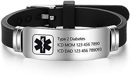 Grand Made Kostenlose Gravur 9 Zoll Silikon Einstellbare Medizinische ID Armbänder für Männer Frauen Kinder - Wasserdichte Edelstahl Gummi Alert Sport Emergency (Black & Silver 2)
