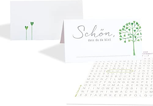15 Tischkarten Set Platzkarten HOCHZEIT HERZBAUM GRÜN mit SPIEL innenseitig, Tischkärtchen zum beschriften, Namenskarten, grün, Jubiläum Geburtstag