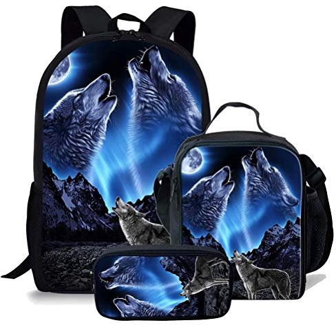 chaqlin Rucksack für Kinder, Jungen, Mädchen, Teenager, langlebig, 43,2 cm, Schulbüchertaschen, Wolfsdruck, Tierwolf-3 (3 Stück), Einheitsgröße, Klassisch