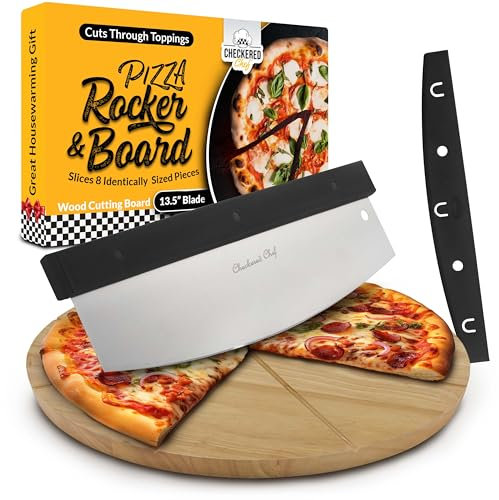 Set di tagliapizza e taglieri a scacchi per pizza – Taglierina per pizza a dondolo e tagliere rotondo in legno da 30 cm