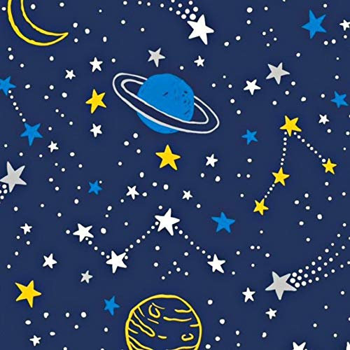 Pingianer 100x160cm Mond Weltraum 100% Baumwolle Baumwollstoff Kinder Meterware Handwerken Nähen Stoff (Planeten Blau Gelb, 100x160cm (11,99€/m))
