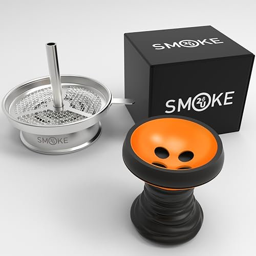 Premium Universal Steinkopf Set für Shisha | Glasierter Innenraum | Kaminaufsatz mit Einlegesieb aus Edelstahl und einem Gummigriff inkl. Kopfdichtung (Orange)
