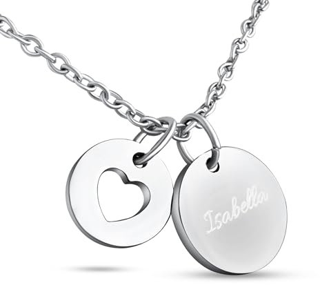 Hanessa Personalisierte Kette mit Gravur Edelstahl 50 cm mit Anhänger Herz rund in silber - Personalisierte Halskette für Frauen - Personalisierter Schmuck Damen Kettenanhänger