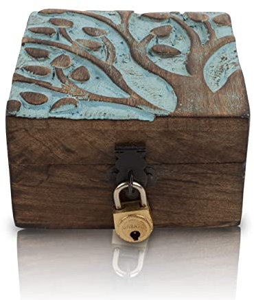 Compleanno fatto a mano decorativo portagioie in legno con albero della vita intagliato & serratura & Key Jewelry Organizer scatola dei ricordi scrigni del tesoro porta orologi scatola 10 x 10 cm
