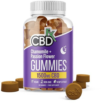 CBDfx 1500mg High Strength Vegan Sleep CBD Gummies, 10mg Each of Chamomile, Passionflower and Lemon Balm /25mg CBD per Gummy 60x Bottle (30 Days)
