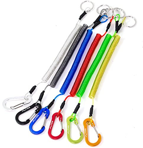 FINN Outdoors Karabiner mit Spiralkabel, Schlüsselband elastisch, Spiral Schlüsselanhänger, Sicherungsband, Schlüssel Spiralkabel, Lanyard Karabiner (6er-Pack)