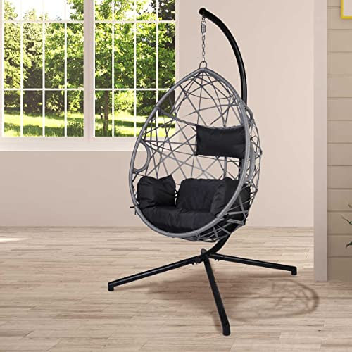 BRAST® Hängesessel Float mit Gestell Grau Poly Rattan Hängekorb Hängeschaukel Hängematte Dicke Kissen Indoor & Outdoor 120kg