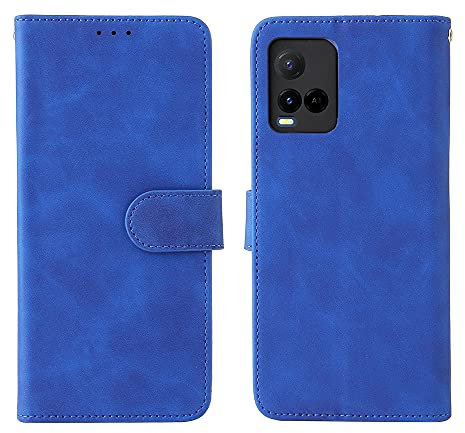 GOKEN Leder Folio Hülle für vivo Y21s / vivo Y21 / vivo Y33s, Lederhülle Brieftasche Mit Kartensteckplätzen, Premium Flip PU/TPU Handyhülle Schutzhülle Case Cover mit Ständer Funktion (Blau)