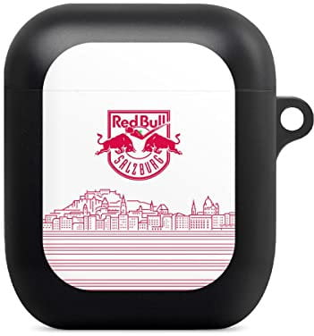 Hülle mit Karabiner kompatibel mit Apple AirPods (1. Generation) Case schwarz Schutzhülle mit Schlüsselanhänger Eishockey Skyline EC Red Bull Salzburg