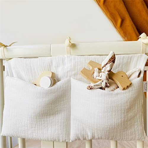 SJHFG Caddy Hanging Storage Bag Baby Cot Pocket Organiser Nursery Solid Bedside Toys Multipurpose Room Organiser Holder Cabin Beds Cloth Bottle for Nursery Tissue Bedroom,White