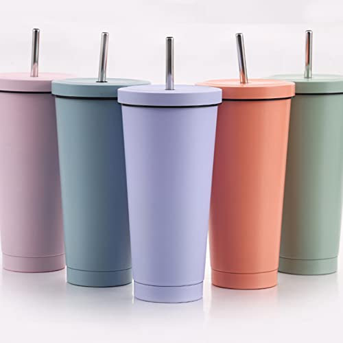 QINONEY Stainless Steel Travel Mug with Straw and Lid, 750ml/25oz Travel Tumbler, Double Wall Vacuum Insulated Cup for Ice Cold or Warm Drinking, Reusable Coffee Mug Travel Mug (Light Purple)