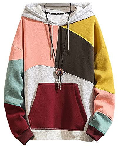 GIJOVANA Hoodie Herren Pullover Langarm Sweatshirt In Farbblock Casual Streetwear Kapuzenpullover mit Kordelzug und Tasche Techwear Hip Hop(Rosa,5XL)