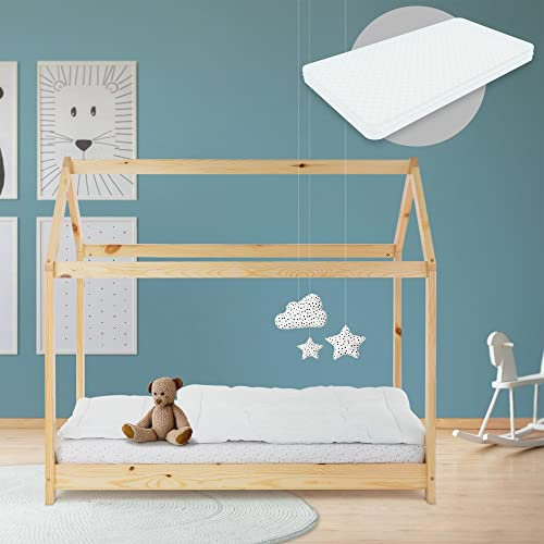 ML-Design Kinderbett 70x140 cm Natur mit Matratze, Dach und Lattenrost, Hausbett für Mädchen und Jungen, Kinderhaus aus Kiefernholz, Bodenbett Jugendbett, Holzbett Kinder Bett, Bettenhaus Spielbett
